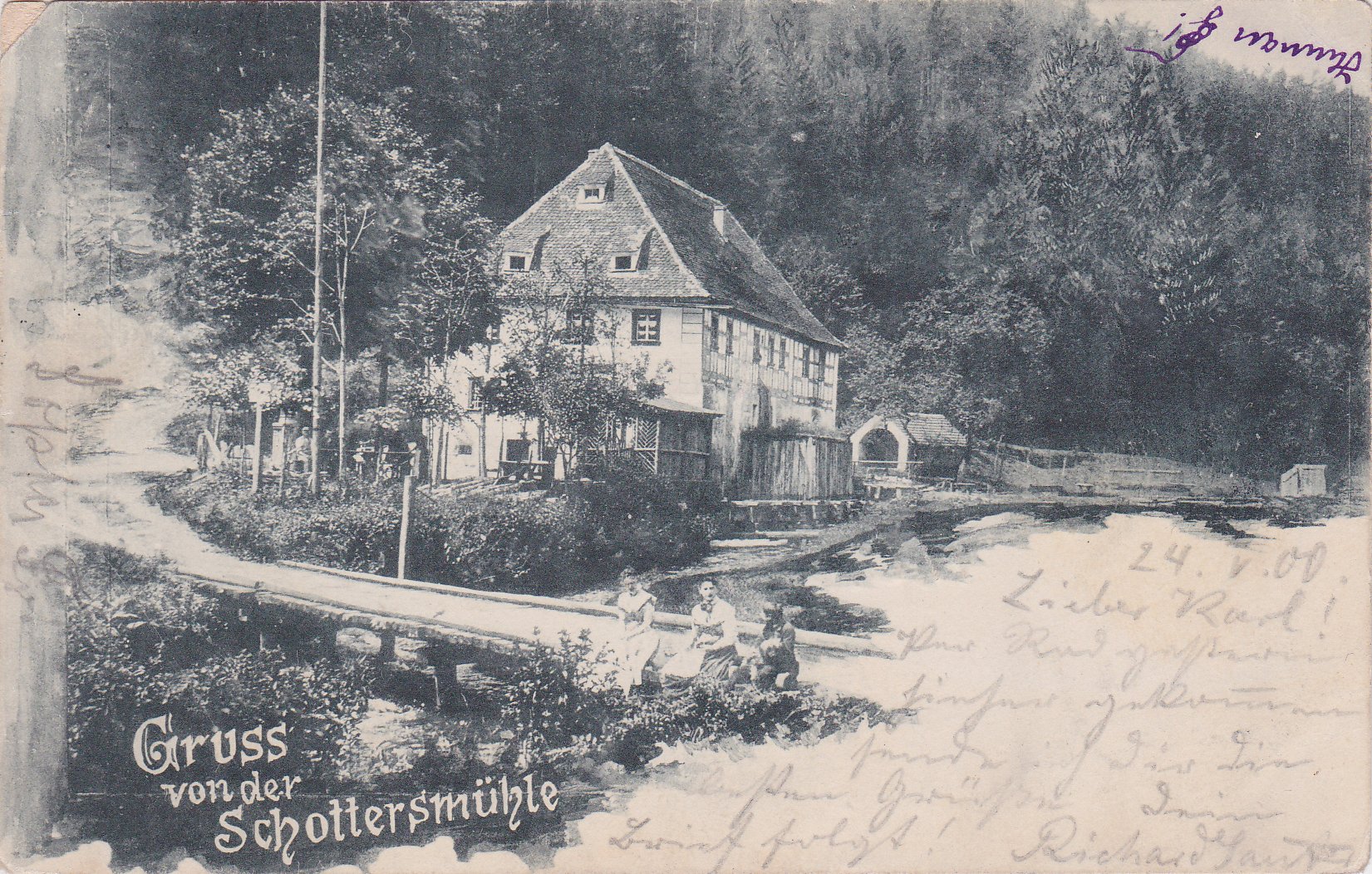 Schottersmühl-Ansichtskarte vom Mai 1900, Bildseite Schottersmühl-Ansichtskarte vom Mai 1900, Bildseite