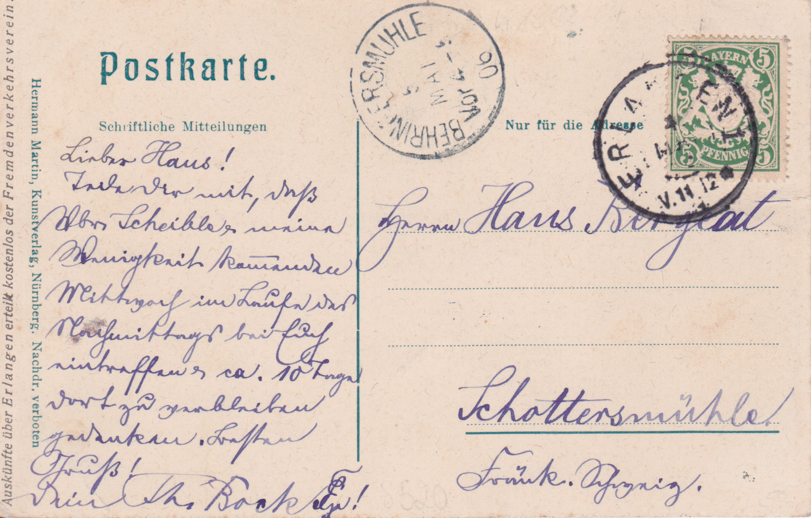 Ansichtskarte mit dem Haus des Studenten-Gesangvereins vom Mai 1906, Textseite Ansichtskarte mit dem Haus des Studenten-Gesangvereins vom Mai 1906, Textseite